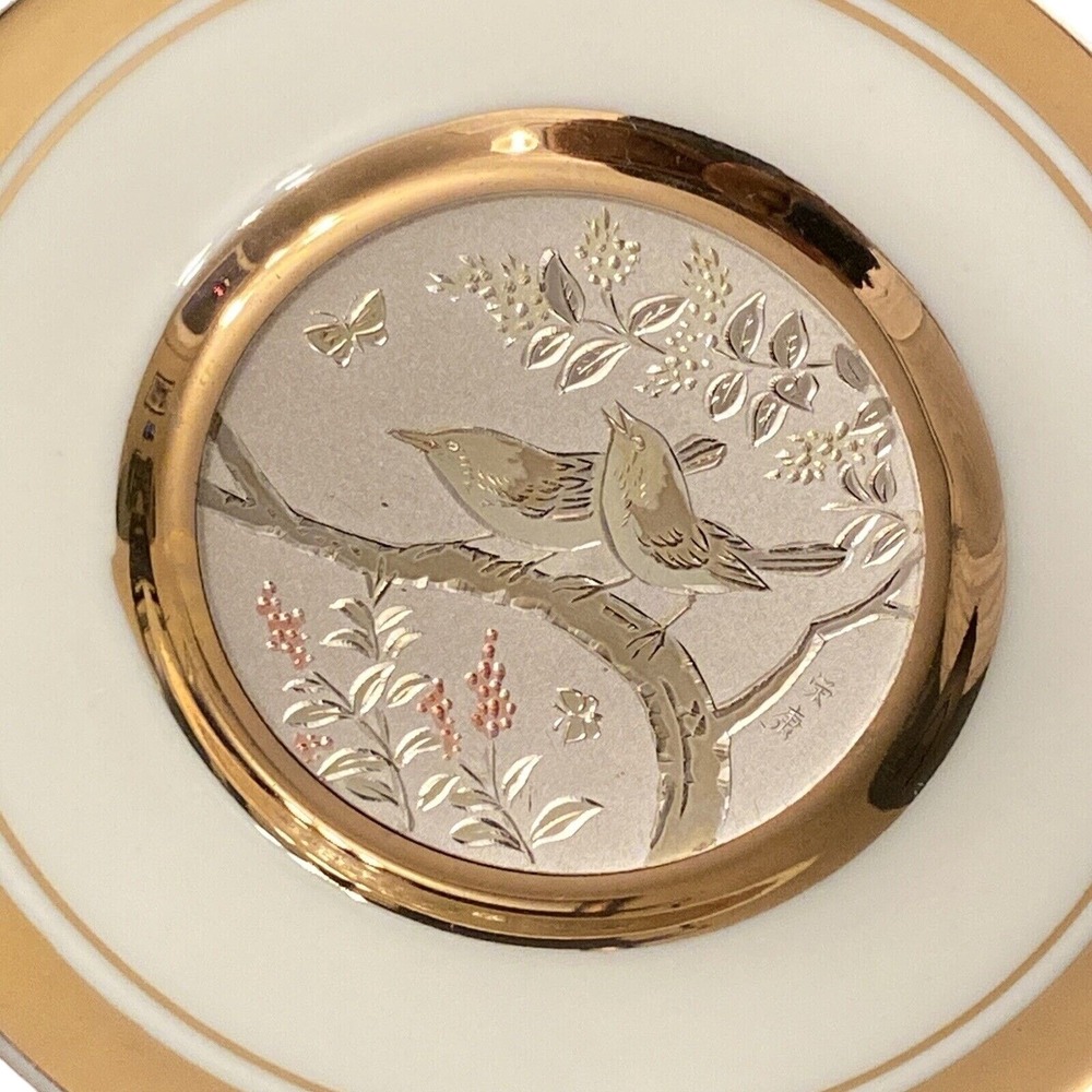 Vintage Japanese Chokin Art 4" Decorative Plate 24K Gold Trim Birds Butterfly